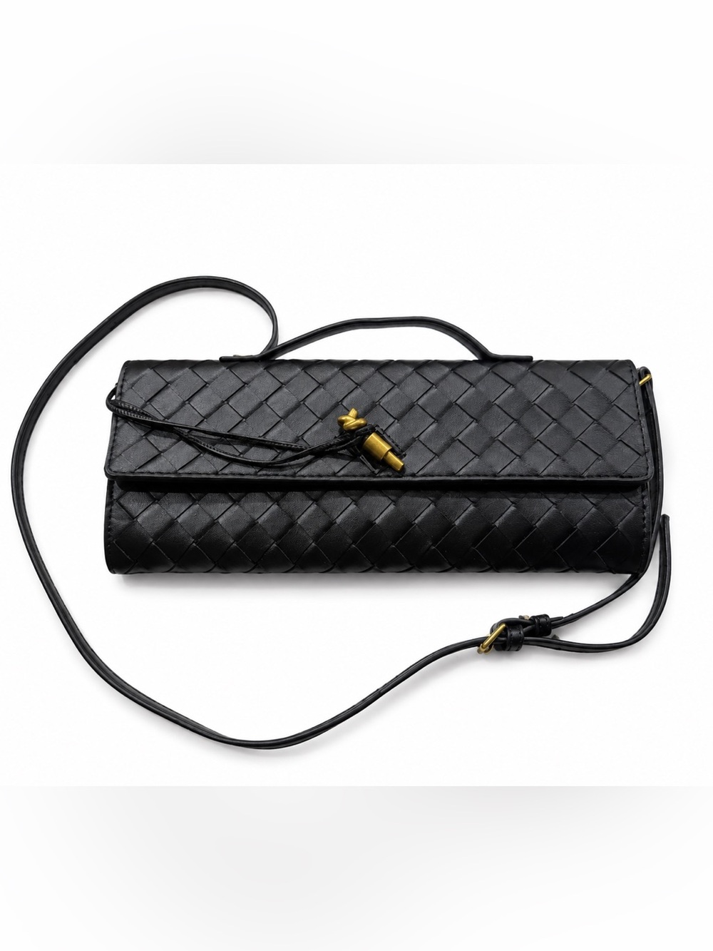 Black Woven Leather Clutch with Gold Accent